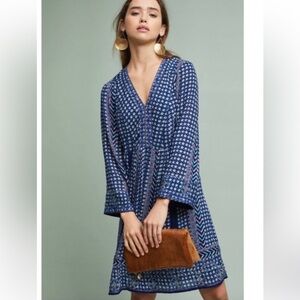 Anthropologie Blue and White Long Sleeve Dress